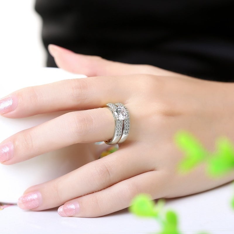 Uloveido مجموعة خواتم الزفاف للنساء من أولوفيدو بلون فضي مع ألماس مزيف من الكريستال زركونيا المكعب، فكرة هدايا عيد ميلاد للصديقة (فضي مقاس 8) KR005 - Image 2